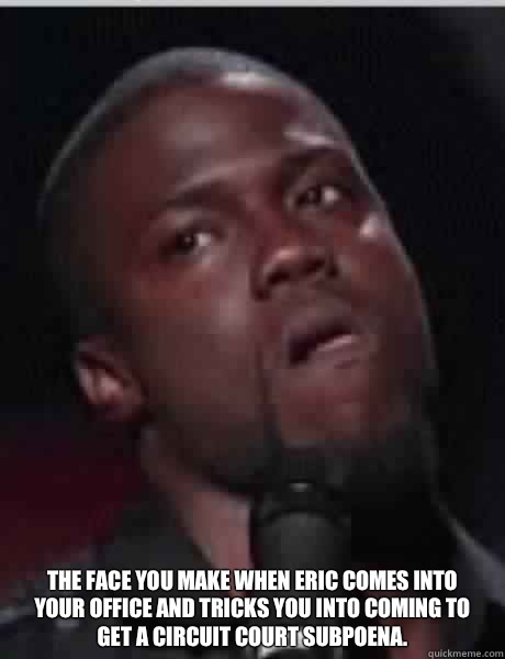 The face you make when Eric comes into your office and tricks you into coming to get a Circuit Court Subpoena.   Kevin Hart