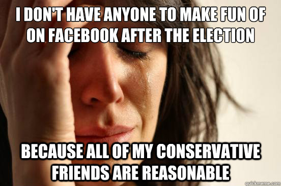 I don't have anyone to make fun of on facebook after the election because all of my conservative friends are reasonable  First World Problems