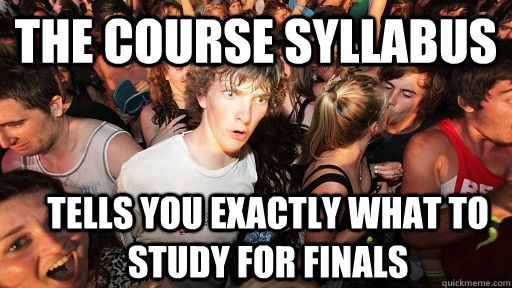 The course syllabus tells you exactly what to study for finals - The course syllabus tells you exactly what to study for finals  Sudden Clarity Clarence