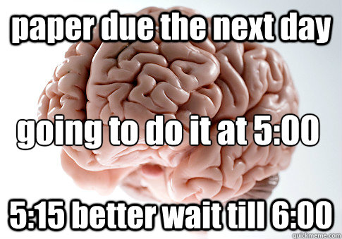 paper due the next day 5:15 better wait till 6:00 going to do it at 5:00  Scumbag Brain