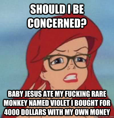 Should i be concerned? BABY JESUS ATE MY FUCKING RARE MONKEY NAMED VIOLET I BOUGHT FOR 4000 DOLLARS WITH MY OWN MONEY - Should i be concerned? BABY JESUS ATE MY FUCKING RARE MONKEY NAMED VIOLET I BOUGHT FOR 4000 DOLLARS WITH MY OWN MONEY  Hipster Ariel
