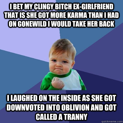 I bet my clingy bitch ex-girlfriend that is she got more Karma than I had on gonewild I would take her back I laughed on the inside as she got downvoted into oblivion and got called a tranny - I bet my clingy bitch ex-girlfriend that is she got more Karma than I had on gonewild I would take her back I laughed on the inside as she got downvoted into oblivion and got called a tranny  Success Kid