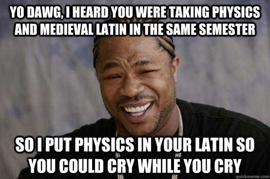 yo dawg, i heard you were taking physics and medieval latin in the same semester so i put physics in your latin so you could cry while you cry  YO DAWG