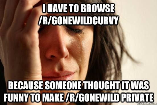I have to browse /r/gonewildcurvy because someone thought it was funny to make /r/gonewild private  First World Problems