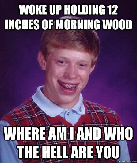 woke up holding 12 inches of morning wood where am i and who the hell are you - woke up holding 12 inches of morning wood where am i and who the hell are you  Bad Luck Brian