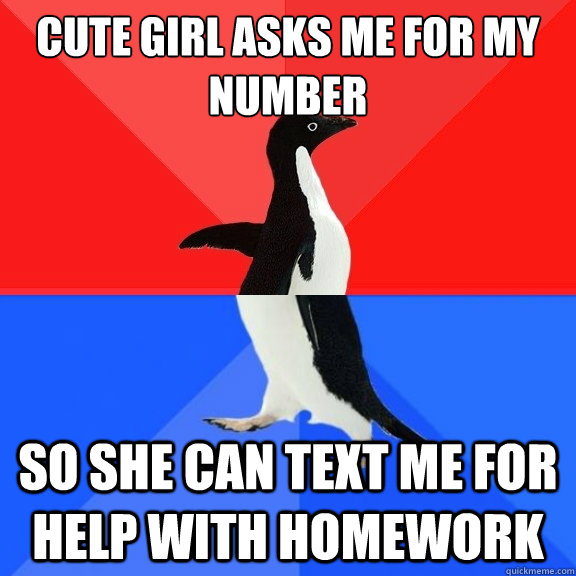 Cute girl asks me for my number So she can text me for help with homework  Socially Awksome Penguin