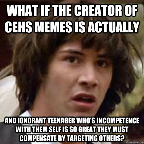 WHat if the creator of CEHS memes is actually  and ignorant teenager who's incompetence with them self is so great they must compensate by targeting others?   conspiracy keanu