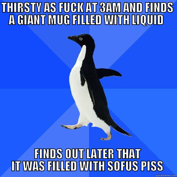 THIRSTY AS FUCK AT 3AM AND FINDS A GIANT MUG FILLED WITH LIQUID  FINDS OUT LATER THAT IT WAS FILLED WITH SOFUS PISS Socially Awkward Penguin
