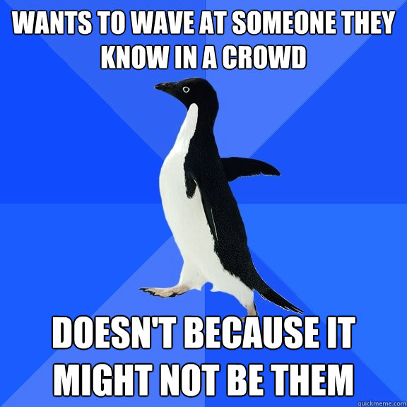 wants to wave at someone they know in a crowd doesn't because it might not be them  Socially Awkward Penguin