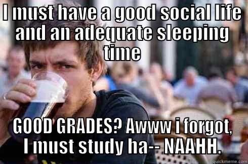 I MUST HAVE A GOOD SOCIAL LIFE AND AN ADEQUATE SLEEPING TIME GOOD GRADES? AWWW I FORGOT, I MUST STUDY HA-- NAAHH. Lazy College Senior