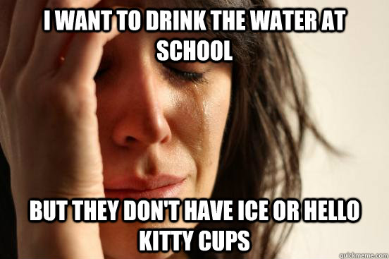 I want TO drink the water at school but they don't have ice or hello kitty cups  First World Problems