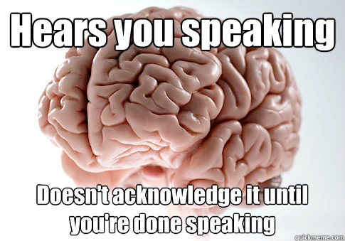 Hears you speaking Doesn't acknowledge it until you're done speaking  Scumbag Brain