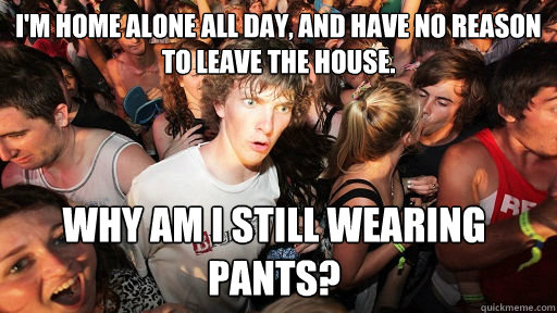 I'm home alone all day, and have no reason to leave the house. Why am I still wearing pants?  Sudden Clarity Clarence