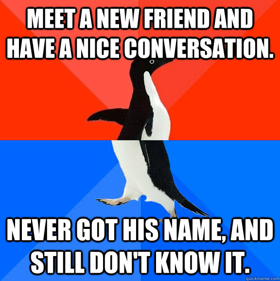 Meet a new friend and have a nice conversation. Never got his name, and still don't know it.  Socially Awesome Awkward Penguin