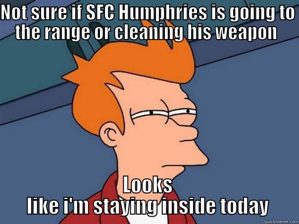 NOT SURE IF SFC HUMPHRIES IS GOING TO THE RANGE OR CLEANING HIS WEAPON  LOOKS LIKE I'M STAYING INSIDE TODAY Futurama Fry