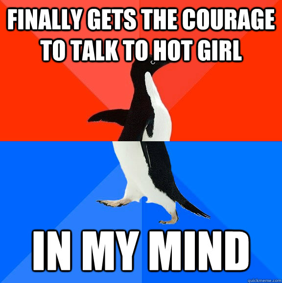Finally gets the courage to talk to hot girl  In my mind  Socially Awesome Awkward Penguin