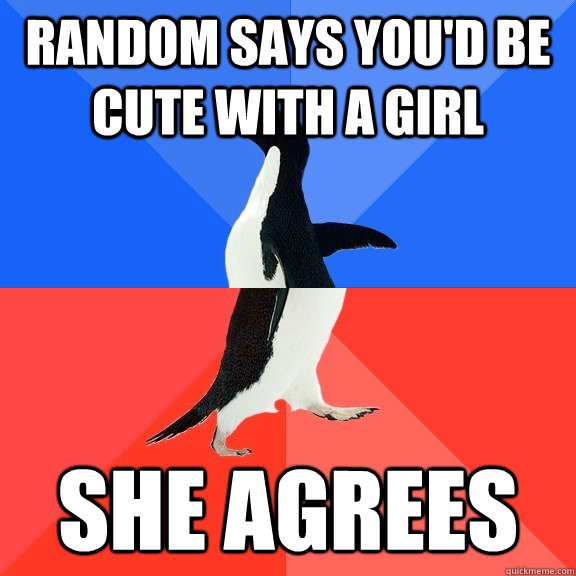 Random says you'd be cute with a girl she agrees  Socially Awkward Awesome Penguin