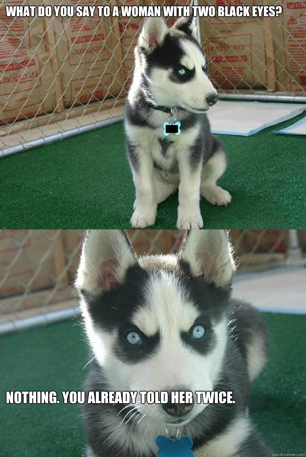 What do you say to a woman with two black eyes? Nothing. You already told her twice.  Insanity puppy