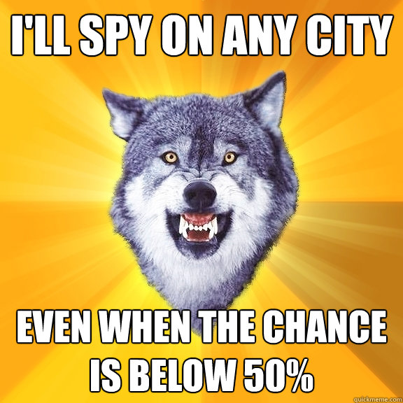 I'll spy on any city even when the chance is below 50%  Courage Wolf