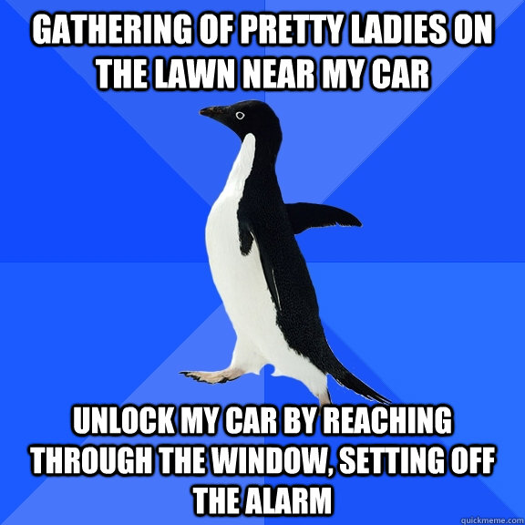 Gathering of pretty ladies on the lawn near my car Unlock my car by reaching through the window, setting off the alarm  Socially Awkward Penguin