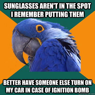 sunglasses aren't in the spot i remember putting them better have someone else turn on my car in case of ignition bomb - sunglasses aren't in the spot i remember putting them better have someone else turn on my car in case of ignition bomb  Paranoid Parrot