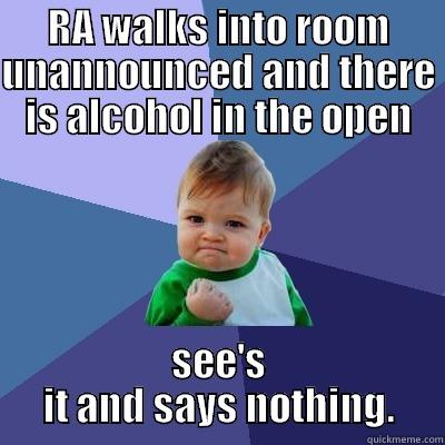 RA WALKS INTO ROOM UNANNOUNCED AND THERE IS ALCOHOL IN THE OPEN SEE'S IT AND SAYS NOTHING. Success Kid