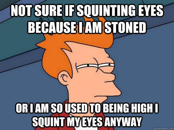 Not sure if squinting eyes because i am stoned or i am so used to being high i squint my eyes anyway  Futurama Fry