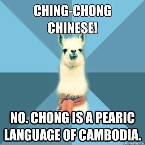 CHING-CHONG
CHINESE! NO. CHONG IS A PEARIC LANGUAGE OF CAMBODIA.  Linguist Llama