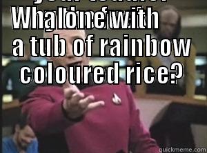 WHY THE FUCK           DID YOU LEAVE YOUR TODDLER ALONE WITH A TUB OF RAINBOW COLOURED RICE?                                                                         Annoyed Picard