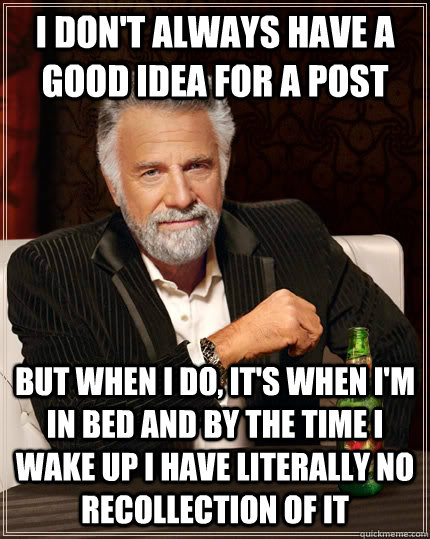 I don't always have a good idea for a post But when i do, it's when i'm in bed and by the time i wake up i have literally no recollection of it  TheMostInterestingManInTheWorld