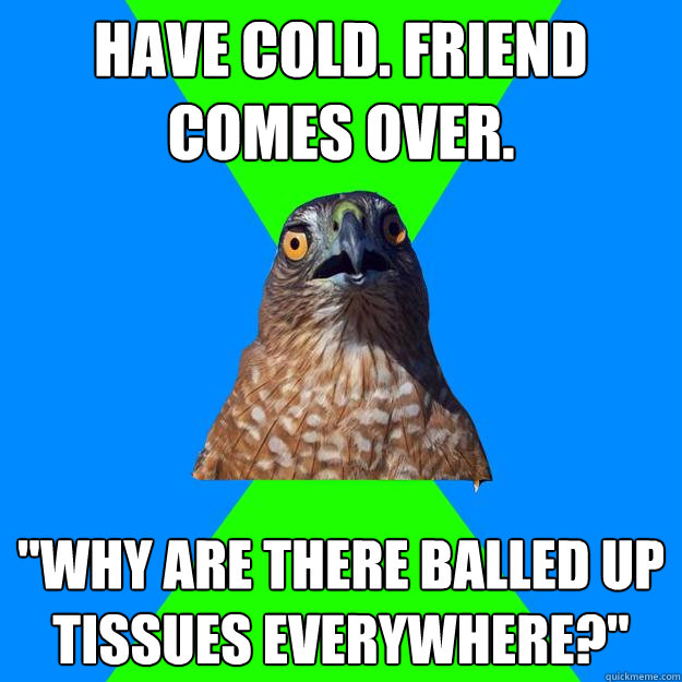 Have cold. Friend comes over. 