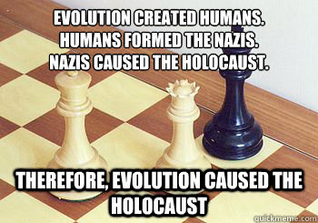 Evolution created humans.
Humans formed the Nazis.
Nazis caused the holocaust. Therefore, Evolution caused the holocaust - Evolution created humans.
Humans formed the Nazis.
Nazis caused the holocaust. Therefore, Evolution caused the holocaust  Misc