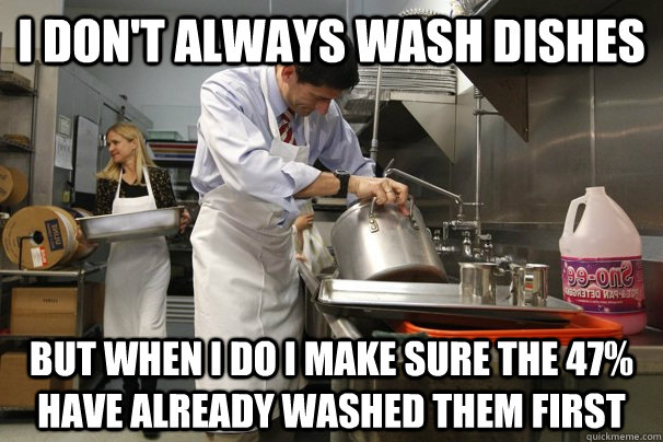 I don't always wash dishes  But when I do I make sure the 47% have already washed them first - I don't always wash dishes  But when I do I make sure the 47% have already washed them first  Paul Riar