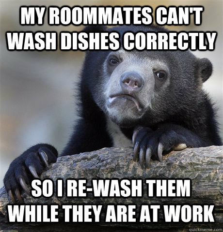 MY ROOMMATES CAN'T WASH DISHES CORRECTLY SO I RE-WASH THEM WHILE THEY ARE AT WORK  Confession Bear