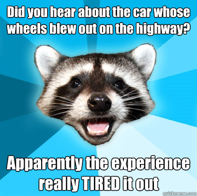 Did you hear about the car whose wheels blew out on the highway? Apparently the experience really TIRED it out  Lame Pun Coon