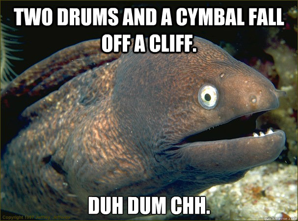 Two drums and a cymbal fall off a cliff. Duh dum chh. - Two drums and a cymbal fall off a cliff. Duh dum chh.  Bad Joke Eel