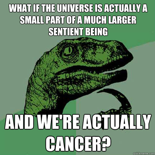 What if the universe is actually a small part of a much larger sentient being and we're actually cancer? - What if the universe is actually a small part of a much larger sentient being and we're actually cancer?  Philosoraptor