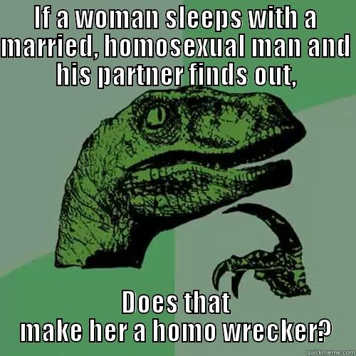 IF A WOMAN SLEEPS WITH A MARRIED, HOMOSEXUAL MAN AND HIS PARTNER FINDS OUT, DOES THAT MAKE HER A HOMO WRECKER? Philosoraptor