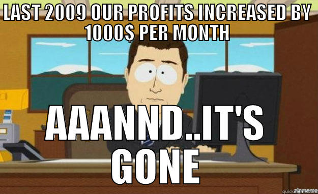 LAST 2009 OUR PROFITS INCREASED BY 1000$ PER MONTH AAANND..IT'S GONE aaaand its gone