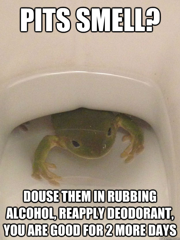 Pits smell? Douse them in rubbing alcohol, reapply deodorant, you are good for 2 more days  Actual Advice Foul Bachelor Frog