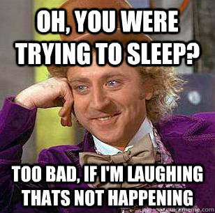 Oh, You were trying to sleep? too bad, if I'm laughing thats not happening  Condescending Wonka