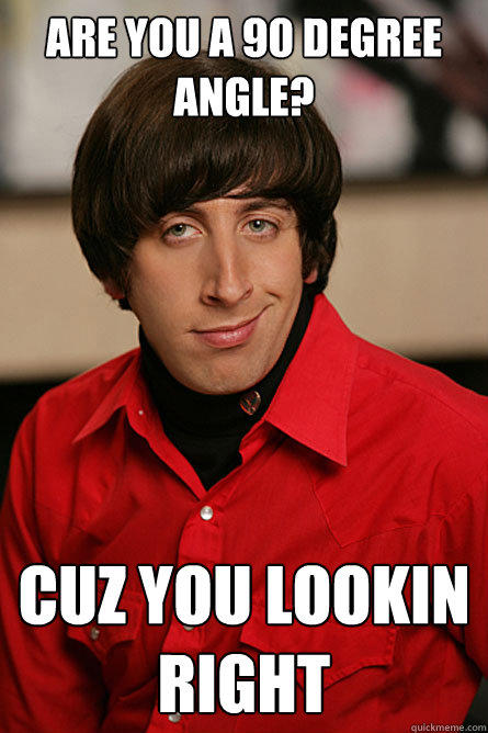 Are you a 90 degree angle? Cuz you lookin right  Pickup Line Scientist