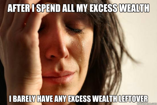 after I spend all my excess wealth I barely have any excess wealth leftover  First World Problems
