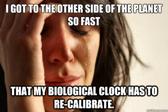 I got to the other side of the planet so fast that my biological clock has to re-calibrate.  First World Problems