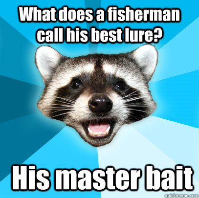 What does a fisherman call his best lure?  His master bait   Lame Pun Coon
