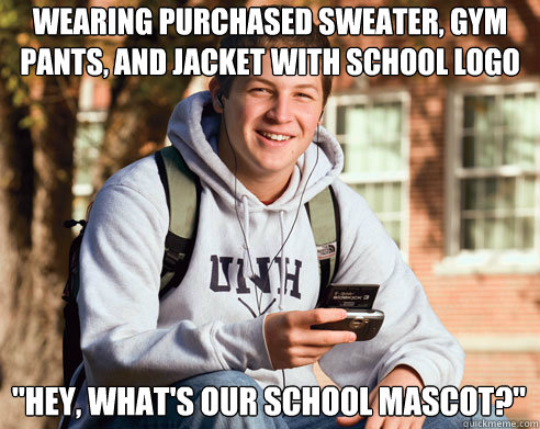 Wearing purchased sweater, gym pants, and jacket with school logo 