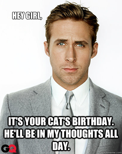 Hey girl, It's your cat's birthday.  He'll be in my thoughts all day. - Hey girl, It's your cat's birthday.  He'll be in my thoughts all day.  Ryan Gosling