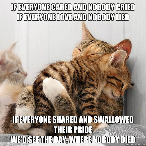 If Everyone Cared And Nobody Cried
If Everyone Love And Nobody Lied If Everyone Shared And Swallowed Their Pride
We'd See The Day, Where Nobody Died - If Everyone Cared And Nobody Cried
If Everyone Love And Nobody Lied If Everyone Shared And Swallowed Their Pride
We'd See The Day, Where Nobody Died  Nickelback and cat