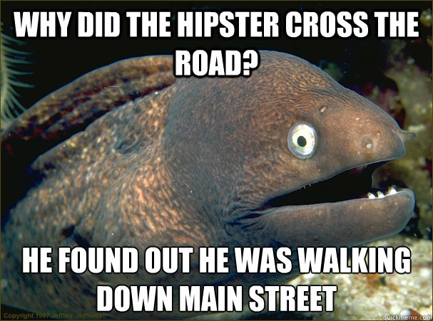 why did the hipster cross the road? He found out he was walking down main street  Bad Joke Eel