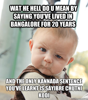  wat he hell do u mean by saying you've lived in bangalore for 20 years and the only kannada sentence you've learnt is sayibre chutni kodi -  wat he hell do u mean by saying you've lived in bangalore for 20 years and the only kannada sentence you've learnt is sayibre chutni kodi  skeptical baby